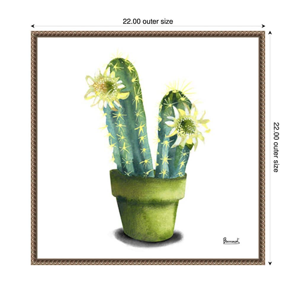 Cactus Flowers II Green and Yellow Canvas Print with Bronze Frame