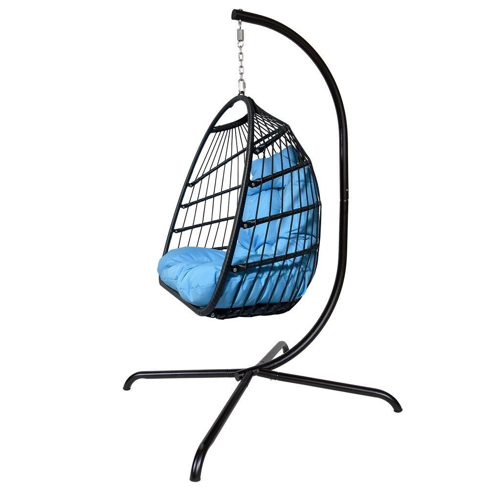 3.5 ft. Free Standing Hanging Egg Chair Hammock with Stand in Blue Cushion
