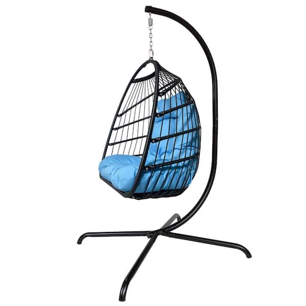 Unbranded 3.5 ft. Free Standing Hanging Egg Chair Hammock with Stand in Blue Cushion