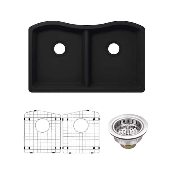 33 in. Undermount Double Bowl 50/50 qt. Kitchen Sink in Black with Accessories