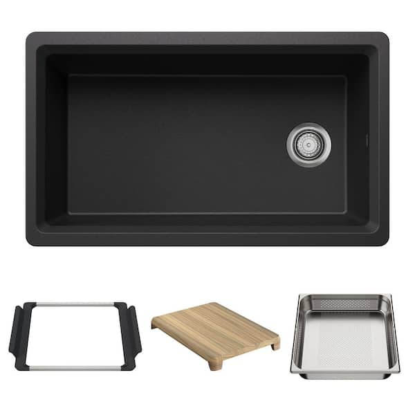 Inteos 33 in. Undermount Single Bowl Anthracite Granite Composite Kitchen Sink With Colander and Cutting Board