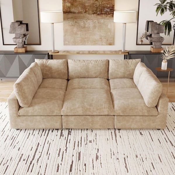 Magic Home Sofa Covers Washable, 134 in. Square Arm Chenille Laswon Modular Sofa with Ottoman, Solid Pine Wood Frame in Khaki