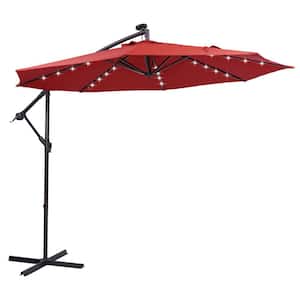 9.5 FT Solar LED Patio Outdoor Cantilever Umbrella With Cross Base And 32 LED Lights Red
