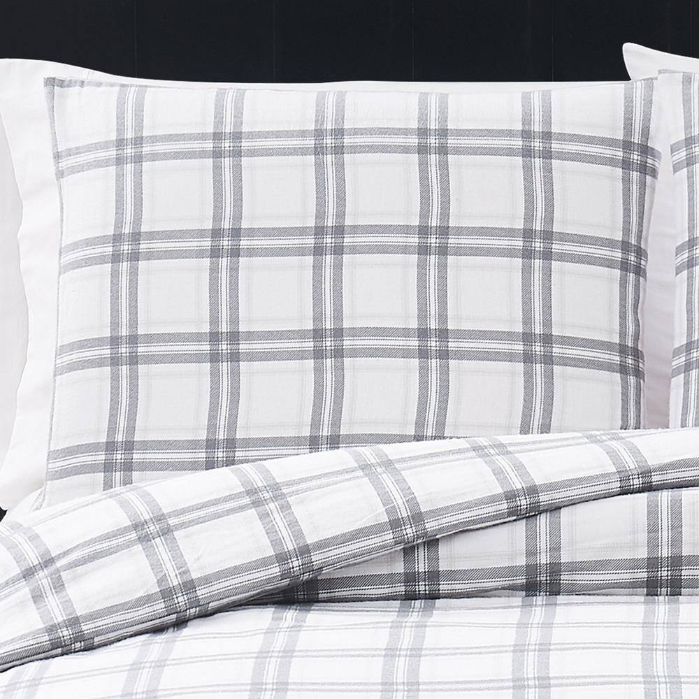 King Gray Plaid Cotton Flannel Duvet and Sham Set