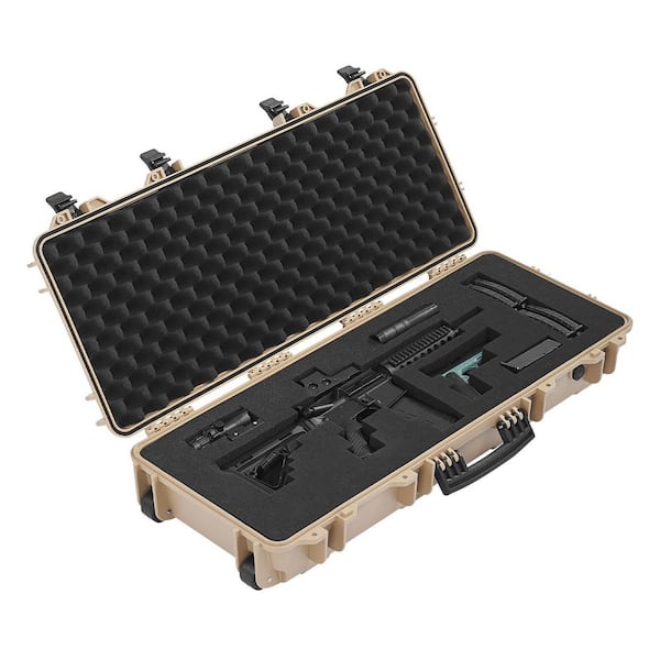Hard Rifle Case, Khaki, Lockable Rifle Case with 4 Layers Pre-cut Foams, 36 in. Gun Storage with Wheels, Waterproof