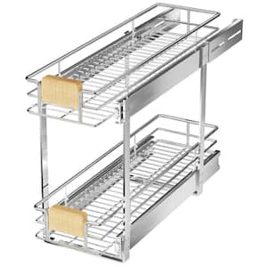 Space Saver Silver Metal Pull-Out Organizer for Kitchen Wooden Handle Slide Out Storage