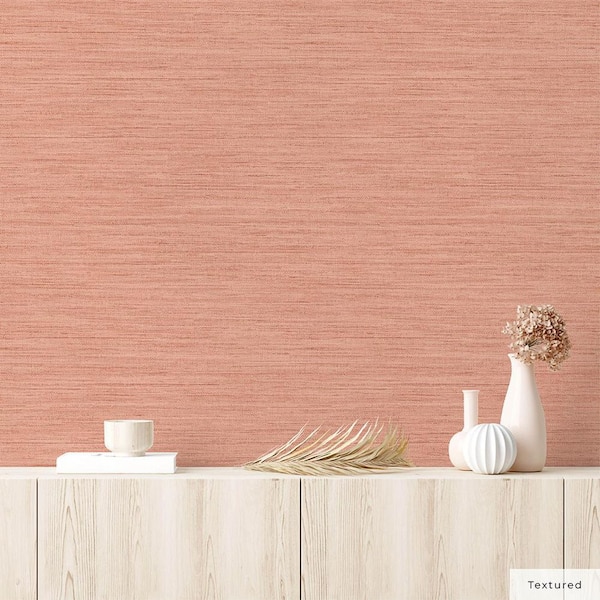 Salmon Pink Faux Horizontal Grasscloth Vinyl Peel and Stick Textured Wallpaper Roll (Covers 56 sq. ft.)