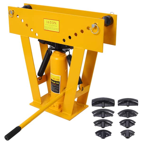 Tidoin 16-Ton Yellow Steel Adjustable Pipe Bender Manual Hydraulic with 6 Dies, Adjustable Rollers 90-180° Bending