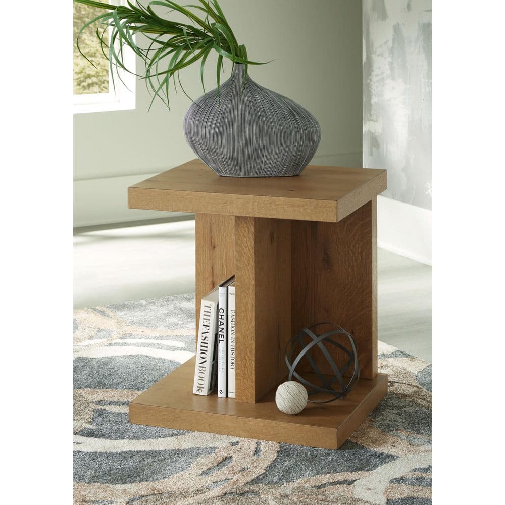 Light Brown Oak Veneer Rectangular End Table with USB Ports