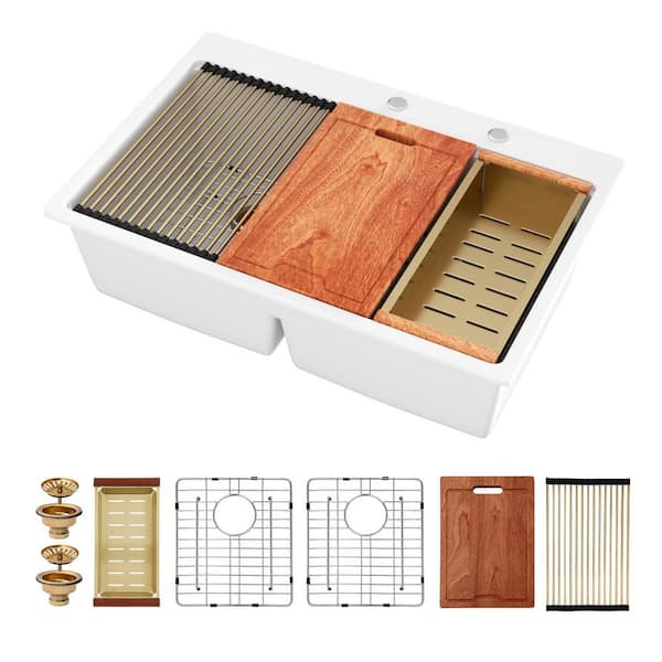 33 in. Drop-In 50/50 Double Bowl Workstation Kitchen Sink in White Quartz with Low Devide and Gold Accessories