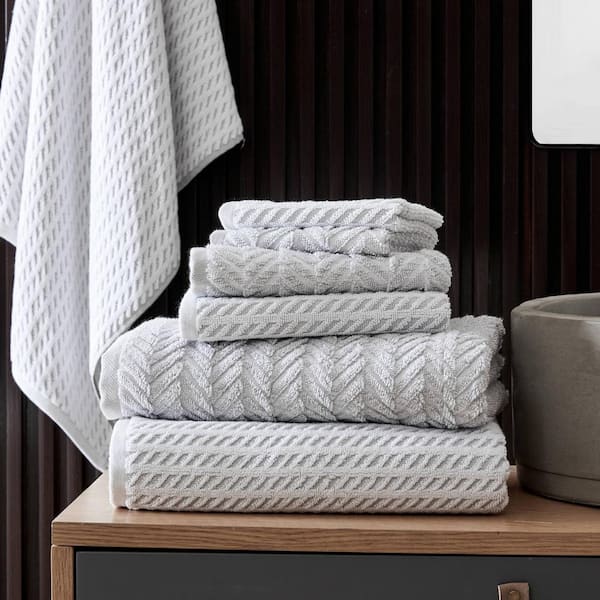 Kenneth Cole New York Highly Absorbent Grey Medium-Weight Slate Chevron Collection Towel Set-100% Cotton Terry 6pc 
