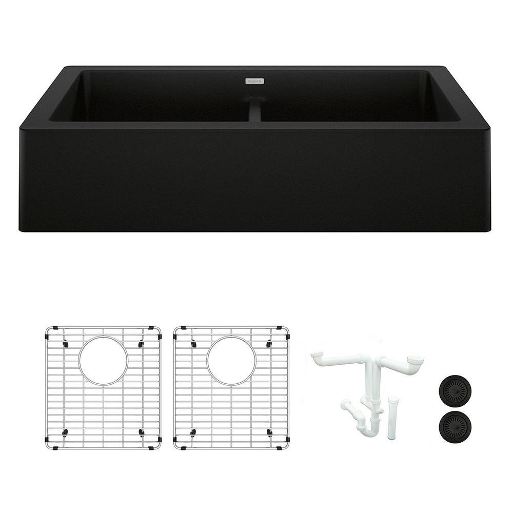 Vintera 33 in. Farmhouse/Apron-Front Double Bowl Coal Black Granite Composi