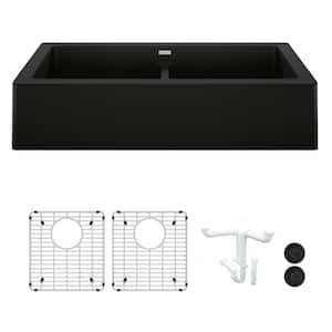Vintera 33 in. Farmhouse/Apron-Front Double Bowl Coal Black Granite Composite Kitchen Sink Kit with Accessories
