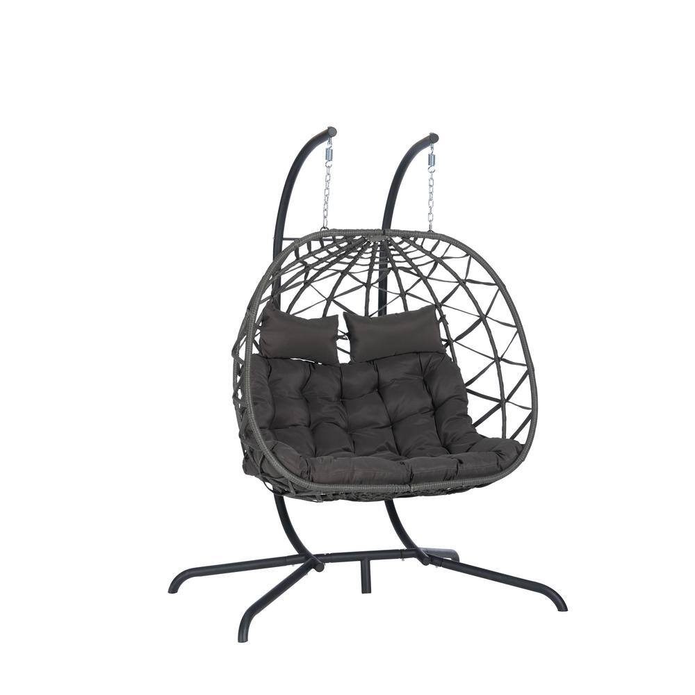 2-Person Wicker Patio Swing, Outdoor Metal Frame Hanging Chair, Patio Egg C