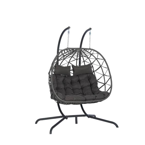Unbranded 2-Person Wicker Patio Swing, Outdoor Metal Frame Hanging Chair, Patio Egg Chair with Cushions, Gray and Black