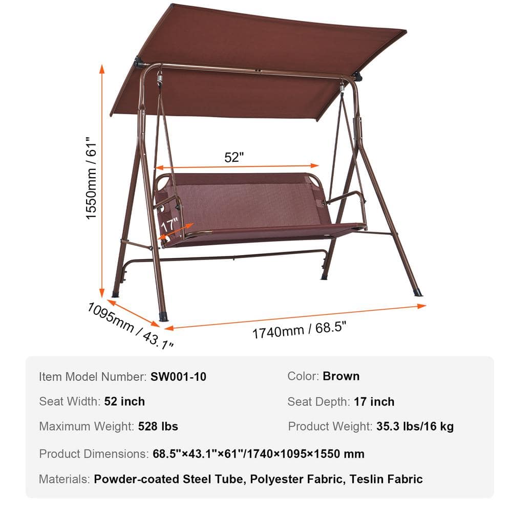 Brown 3-Person Alloy Steel Patio Swing with Adjustable Canopy