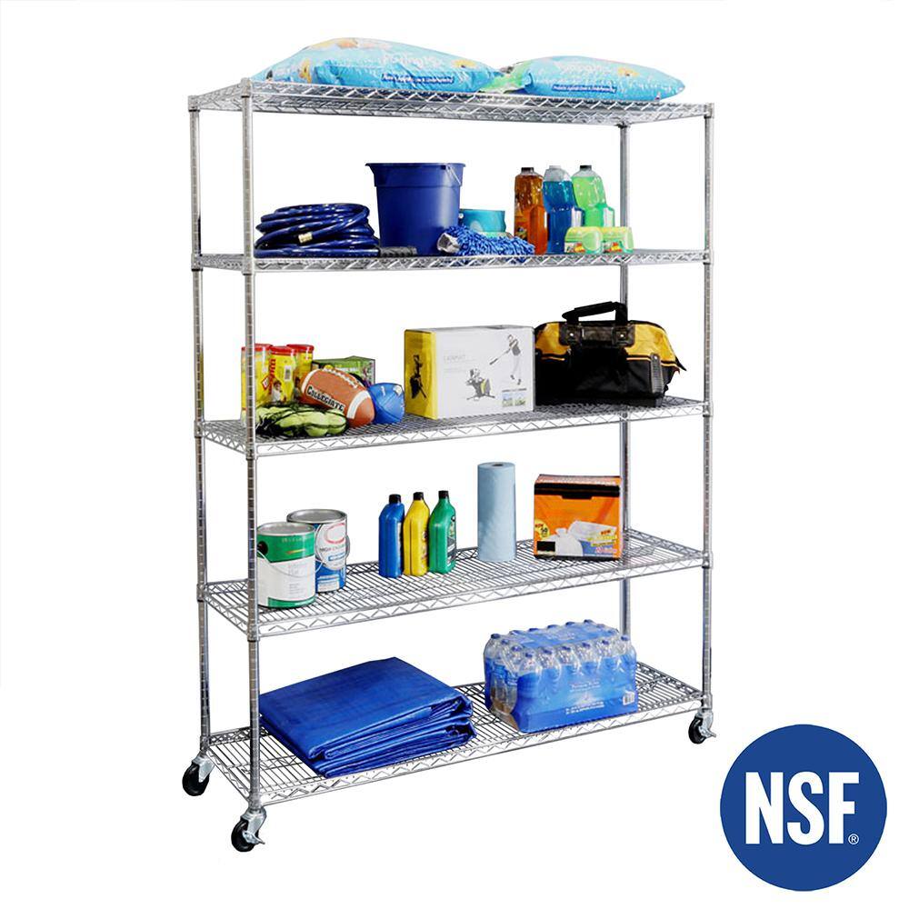 UltraDurable 5-Tier Silver Steel Shelving Unit with Wheels
