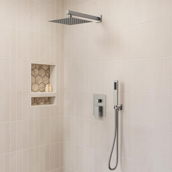 Single-Handle Rain 2-Spray Square Wall Mount 10 in. Dual Shower Head Fixed and Handheld Shower Head 2.5 and 1.8 GPM
