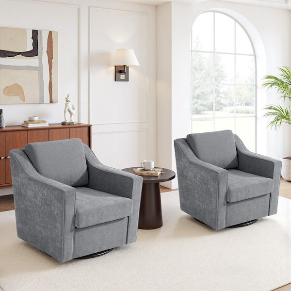Modern Gray Chenille Upholstered Swivel Accent Barrel Chair With Metal Base(Set of 2)