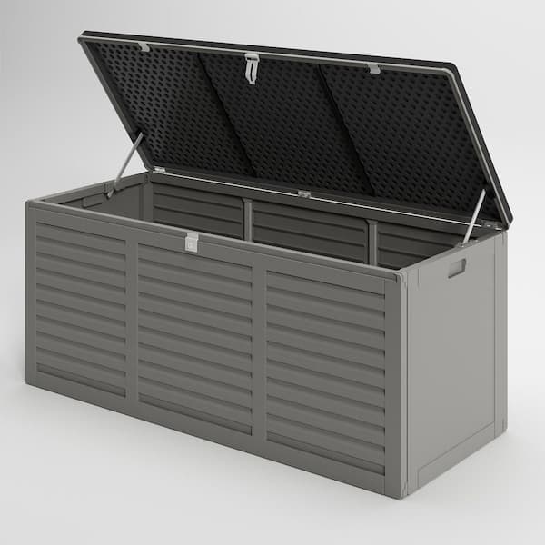 BTMWAY - 130 Gal. Gray Upgraded Resin Deck Box, Outdoor Storage Box Waterproof with Hydraulic Rod and Side Handle, Lockable
