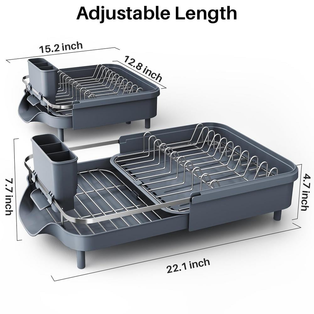 Gray Stainless Steel Expandable Dish Drying Rack with Utensil Holder