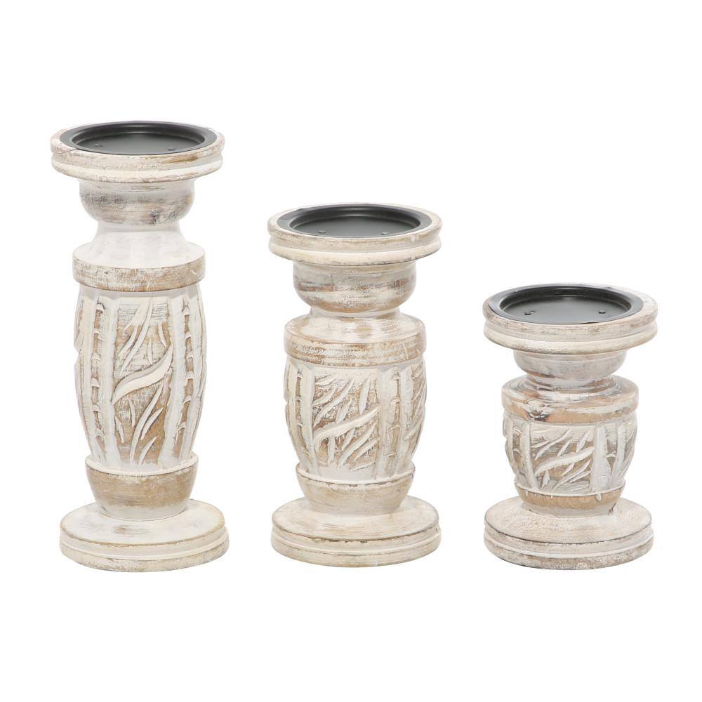 Radiant Elegance White Washed Wood Candlestick Trio, Set of 3
