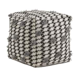 Black and White Houndstooth Fabric Upholstered Square Pouf Ottoman