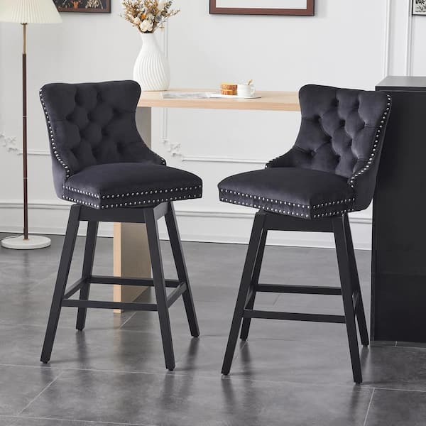 Hochwertiges 29 in. Black Velvet Upholstered Solid Wood Frame Bar Height Swivel Bar Stool with Back (Set of 2)