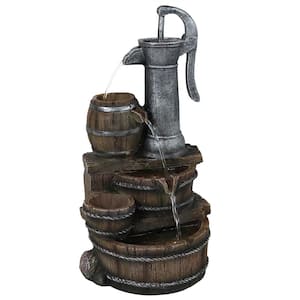 23 in. Cozy Farmhouse Pump and Barrels Tiered Water Fountain with LED Lights (3-Piece)