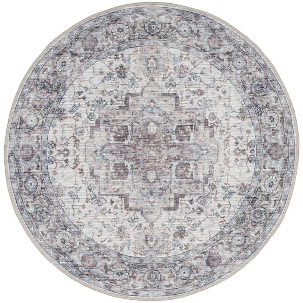 Unbranded Machine Washable Series 1 Ivory Beige 4 ft. x 4 ft. Distressed Traditional Round Area Rug