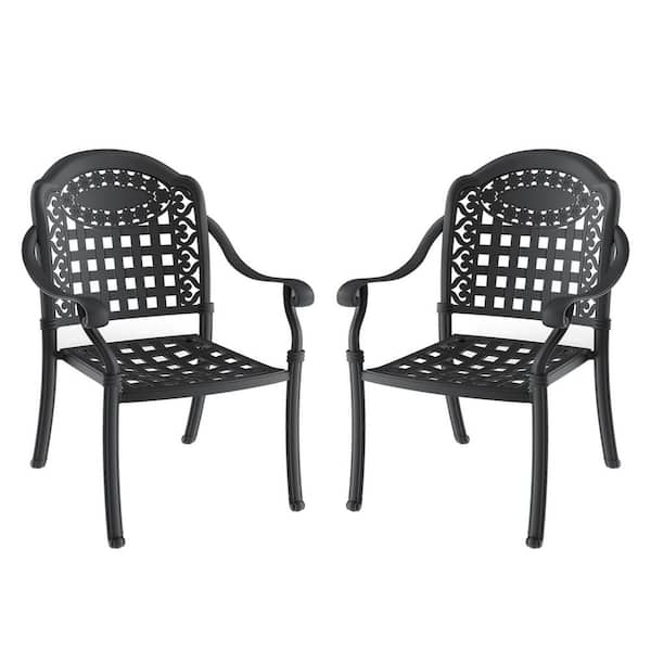 Cast Aluminum Outdoor Patio Dining Chair 2PCS with Black Frame and Blue Cushions
