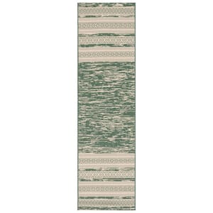 Courtyard Dark Green/Beige 2 ft. x 8 ft. Aztec Striped Indoor/Outdoor Runner Rug