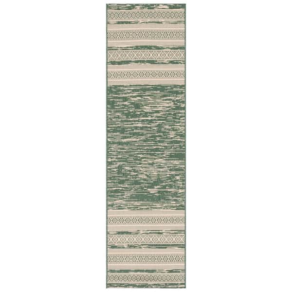 SAFAVIEH Courtyard Dark Green/Beige 2 ft. x 8 ft. Aztec Striped Indoor/Outdoor Runner Rug