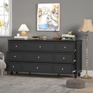Black Wooden 9-Drawer 63 in. W x 31.5 in. H x 15.7 in. D Dresser Storage Cabinet, Modern European Style