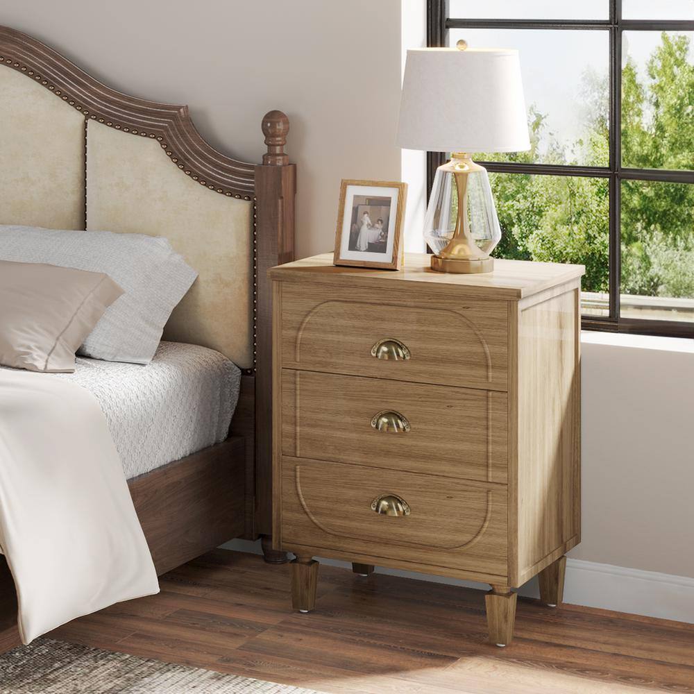 BYBLIGHT Fenley 3Drawer Light Brown Wood Nightstand MidCentury