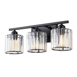 19.29 in. 3-Light Matte Black Modern/Contemporary Vanity Light with Cylinder Crystal Shade