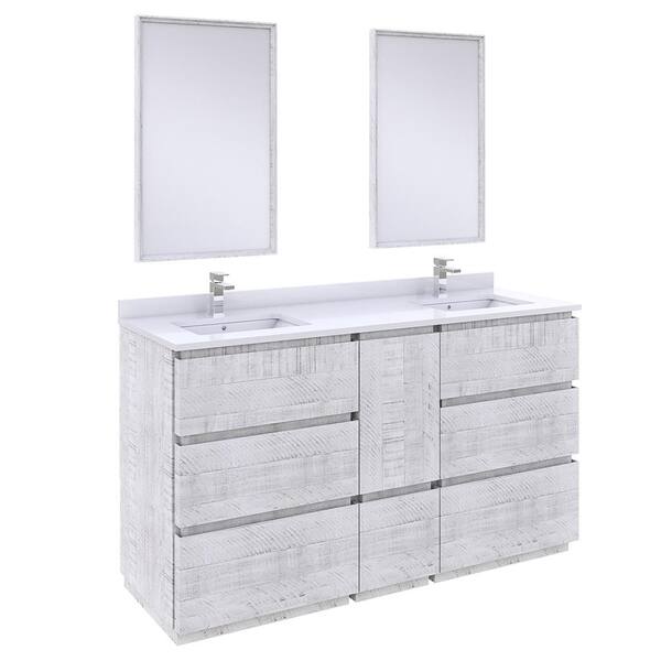 Fresca Formosa 60 in. W x 20 in. D x 35 in. H White Double Sinks Bath Vanity in Rustic White with White Vanity Top and Mirror