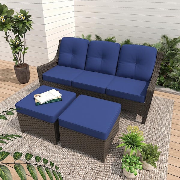 3-Piece Wicker Outdoor Sofa Couch Set with Blue Cushions and Matching Ottomans