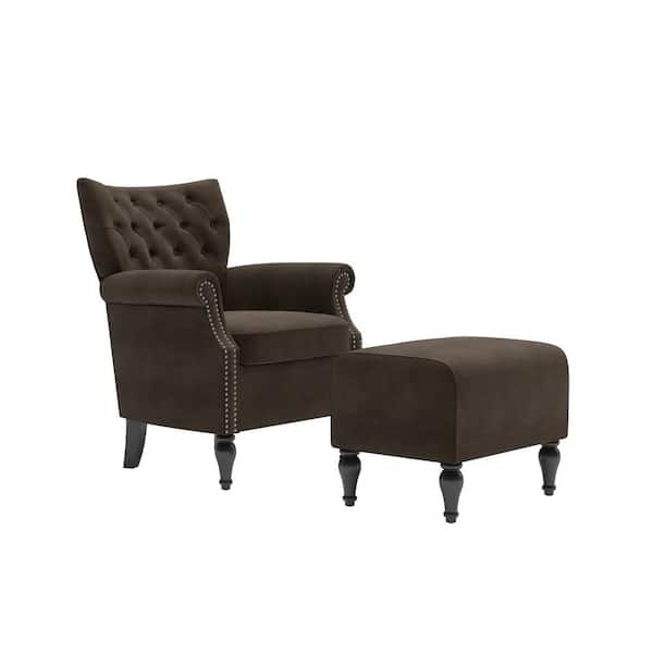 Handy Living Margaux Chocolate Brown Velvet Button Tufted Rolled Arm Chair and Ottoman Set