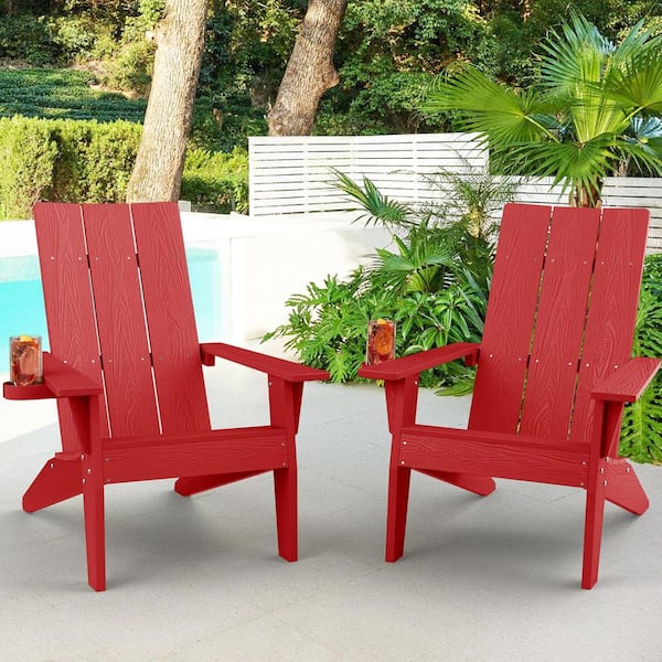 Mximu Oversize Modern Red Plastic Outdoor Patio Adirondack Chair with Cup Holder (2-Pack)