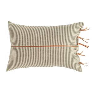Black & Beige Striped Cotton Ticking Lumbar with Leather Trim 24 in. x 16 in. Throw Pillow