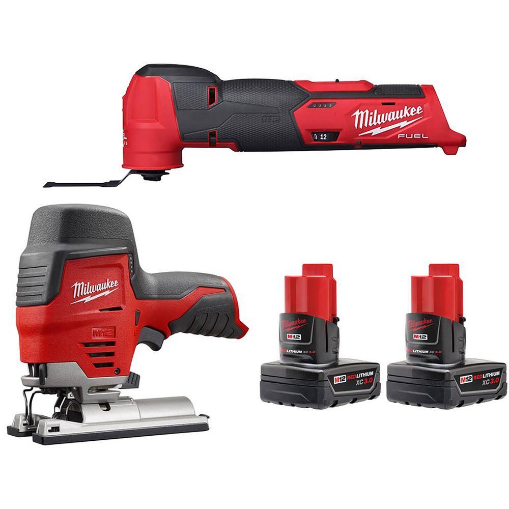 Milwaukee M12 FUEL 12V Lithium-Ion Cordless Oscillating Multi-Tool and Jig  Saw with two 3.0 Ah Batteries 2526-20-2445-20-48-11-2412 The Home Depot