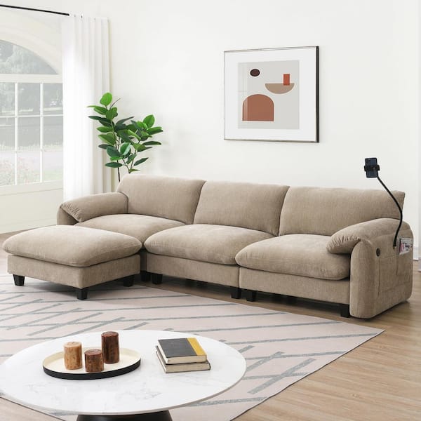 108 in. Striped Chenille Modular L-Shape Sectional Sofa in Light Khaki and Beige with USB Charge, Phone Holder, Ottoman