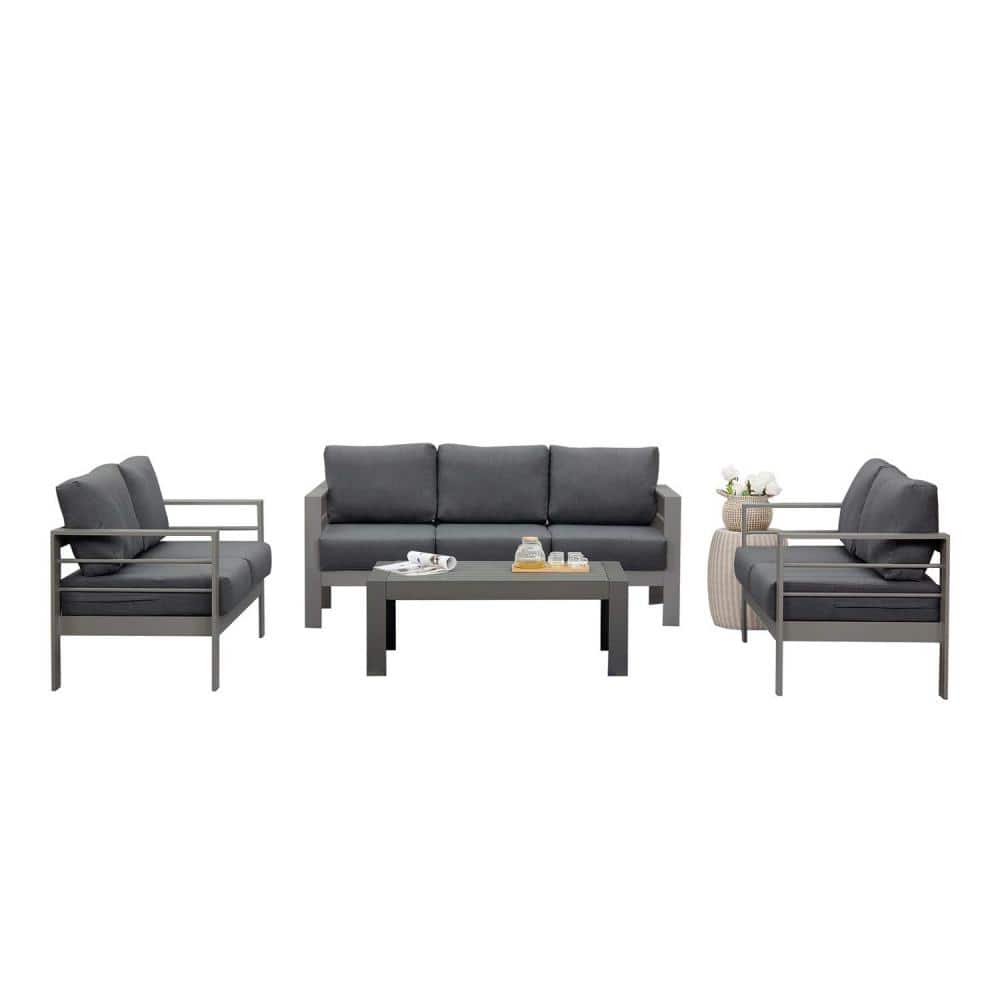 4-Piece Aluminum Patio Conversation Set with Gray Cushion with Table, Rust-