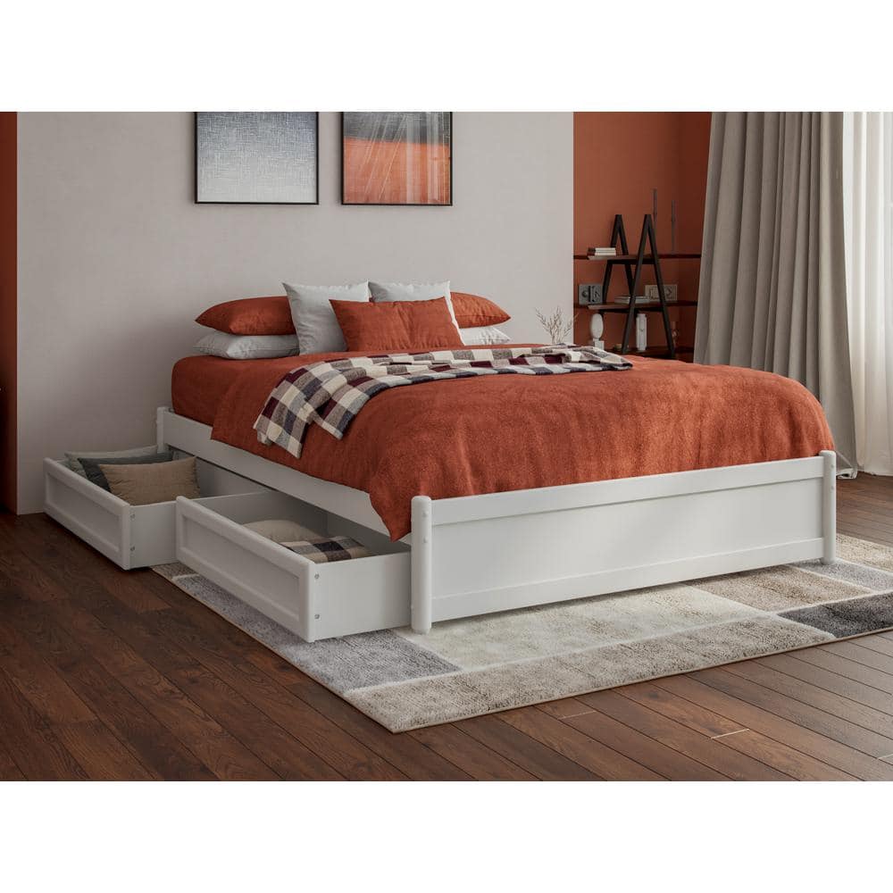 Barcelona White Full Wood Panel Platform Bed with Storage Drawers