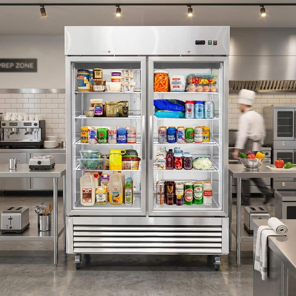 54.13 in. 2-Glass Door Commercial Refrigerator 42.4 cu. ft. Beverage Display Fridge in Stainless Steel with LED Lighting