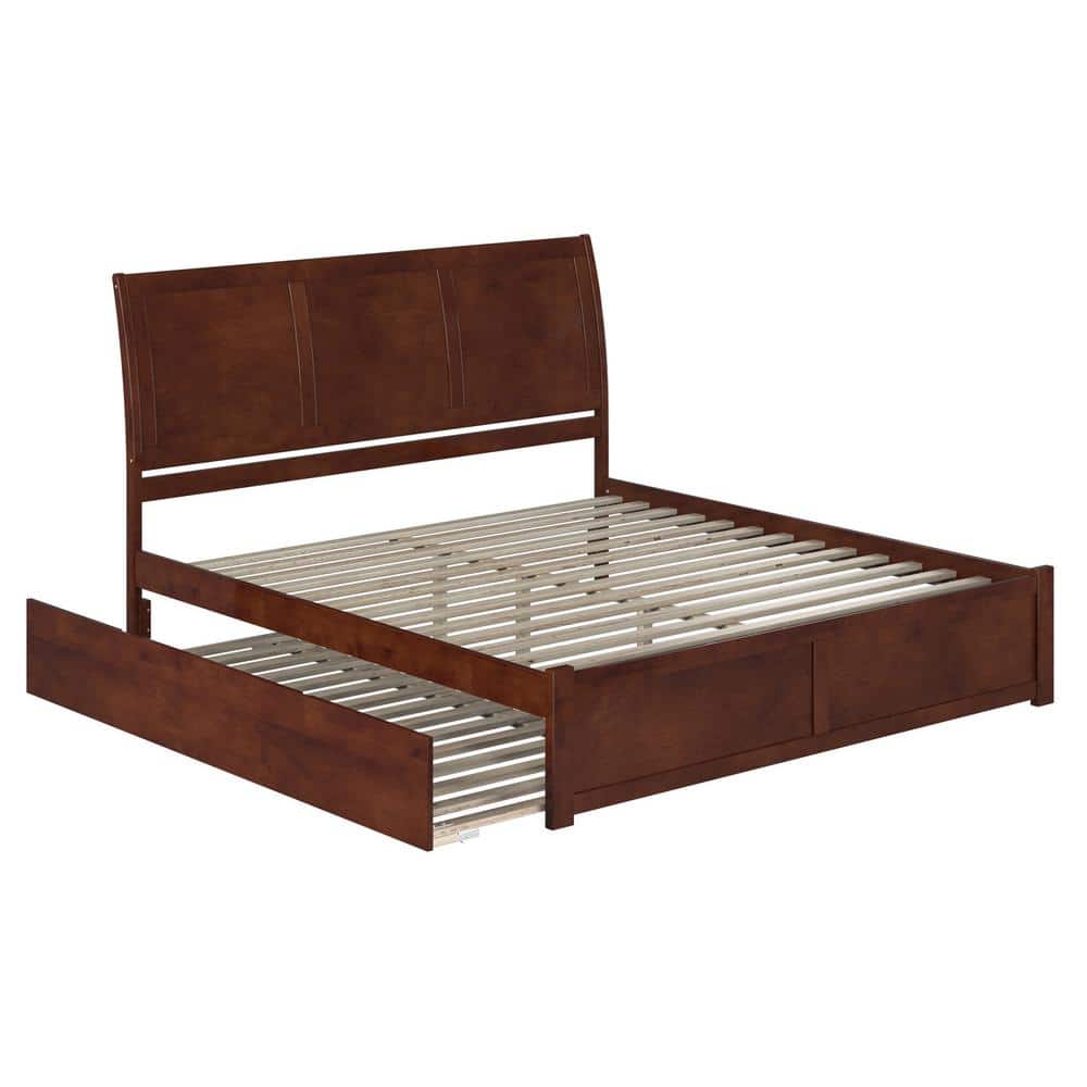 Walnut King Platform Bed with Trundle and Sleigh Headboard