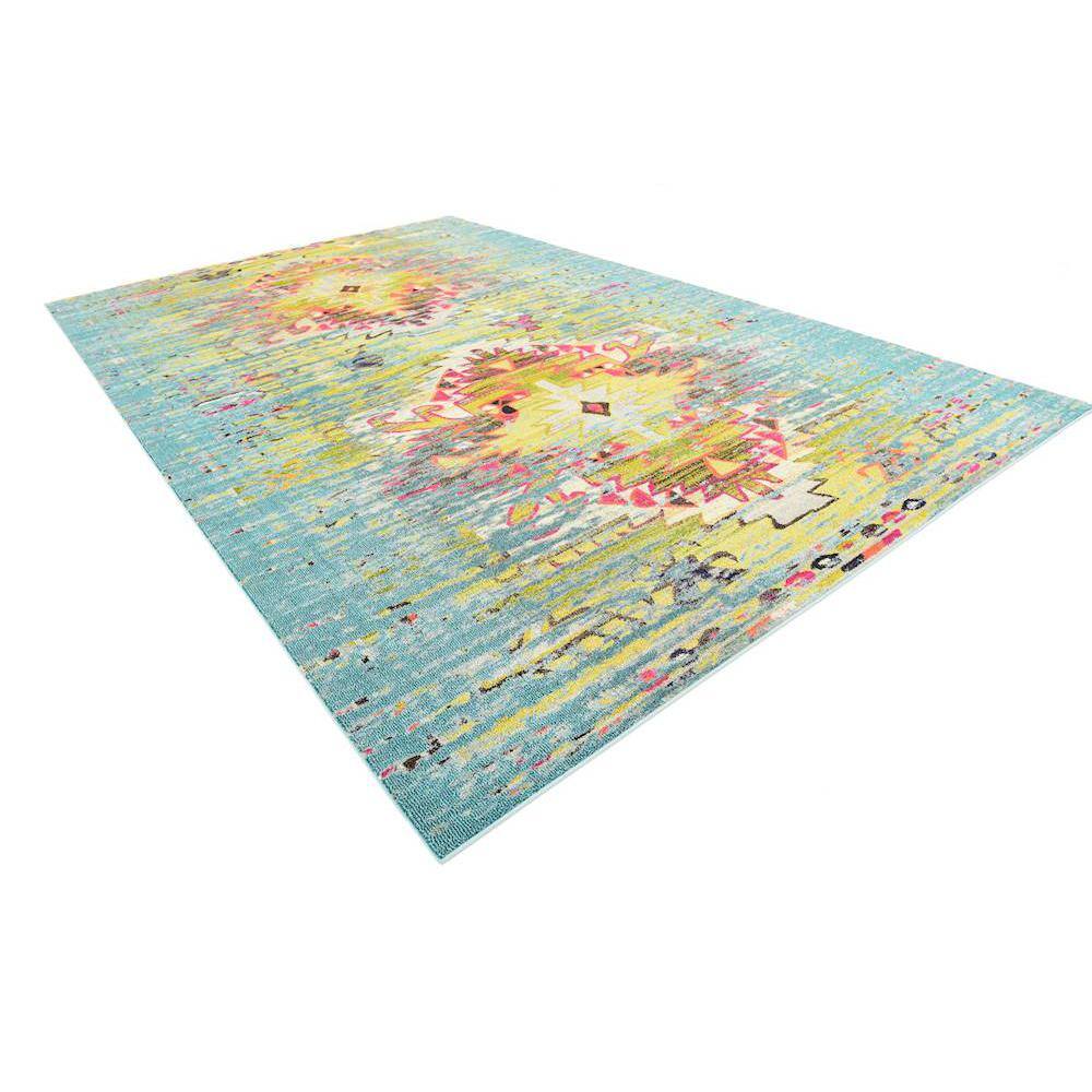 Turquoise and Yellow Abstract Synthetic Stain-Resistant Rug