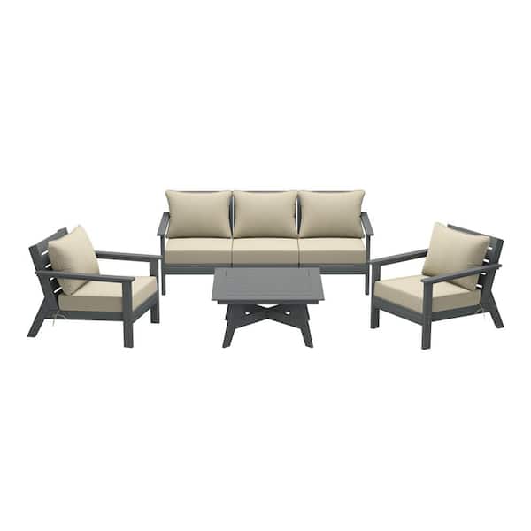 WESTIN OUTDOOR Birchwood Gray Arrangeable 6-Piece Outdoor Patio HDPE Deep Seating Conversation Sofa Set w/ Beige Cushions