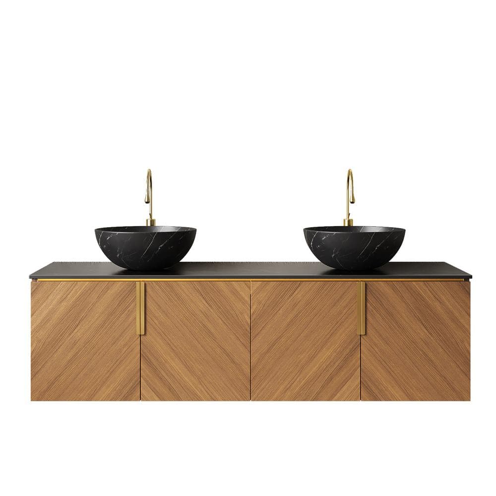 60 in. Floating Brown Oak Bath Vanity with Black Sintered Stone Top and  2 Black Bowl Ceramic Basins with Stone Pattern price history on PriceWatchPro